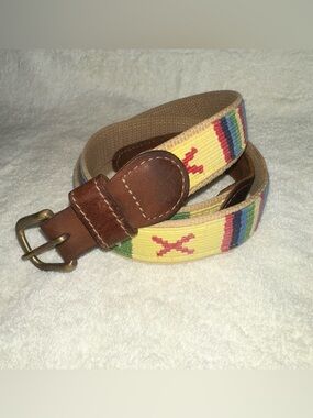 A Tail We Could Wag Needlepoint Belt 38 Leather Brass Guatemalan Woven